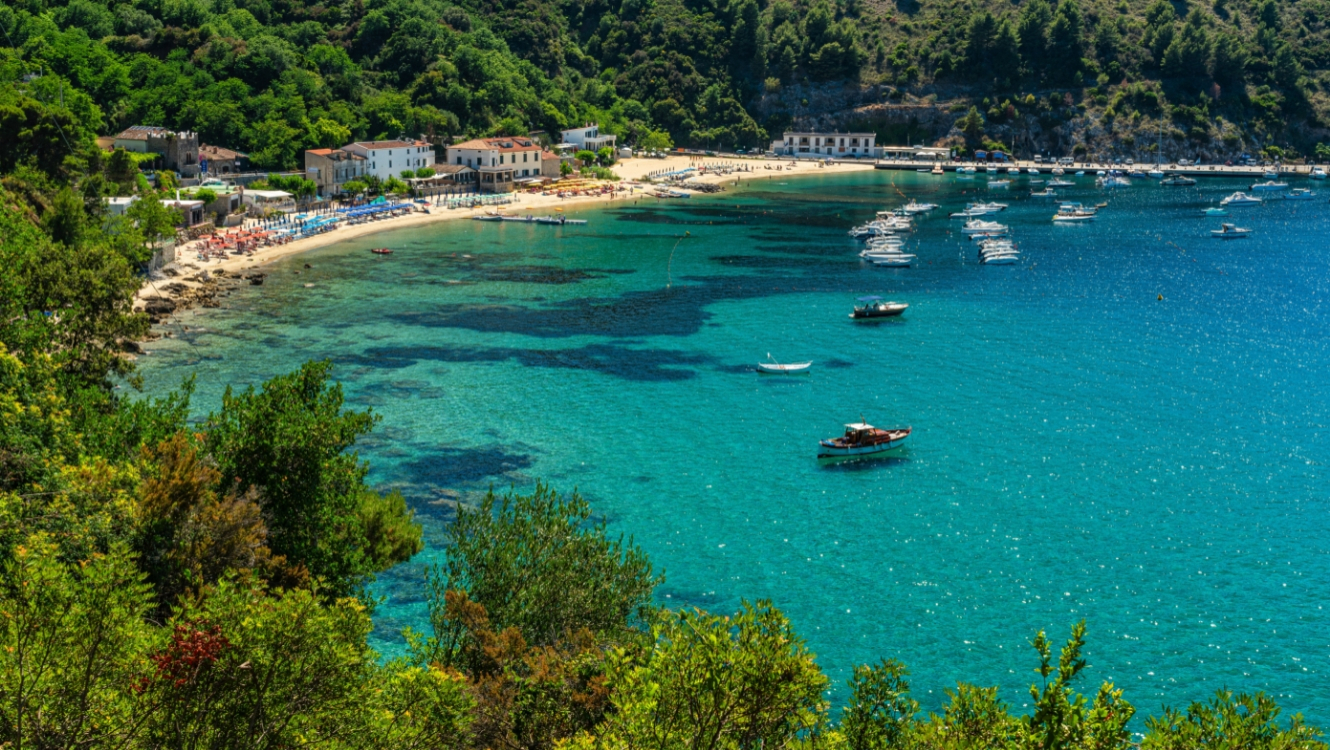 Spiaggia panoramica con acque cristalline, barche e vegetazione lussureggiante in una baia tranquilla.