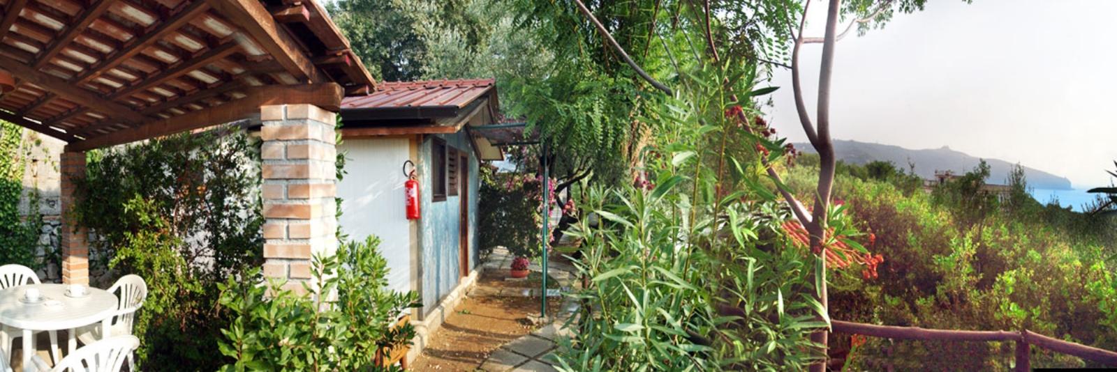 Giardino con veranda, piante rigogliose e vista sul mare.