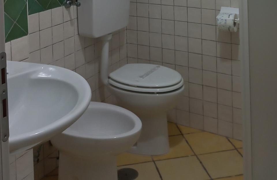 Bagno con piastrelle verdi e beige, lavandino, WC e mensole in legno.